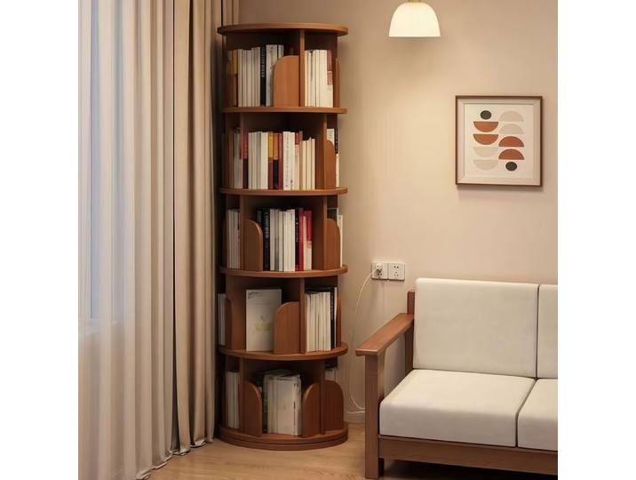 Bibliothèque rotative 360° à 5 niveaux tour de rangement peu encombrante adaptée à la chambre salon bureau 46x46x157cm noyer