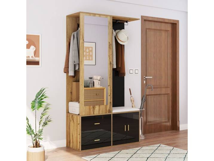 Meuble d'entrée - ZEVKOR - 100×38×180 cm - miroir - tringle extensible - banc à chaussures