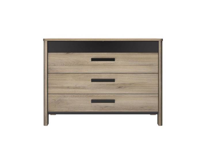 Commode 4 tiroirs effet bois chêne clair avec finition laquée noire