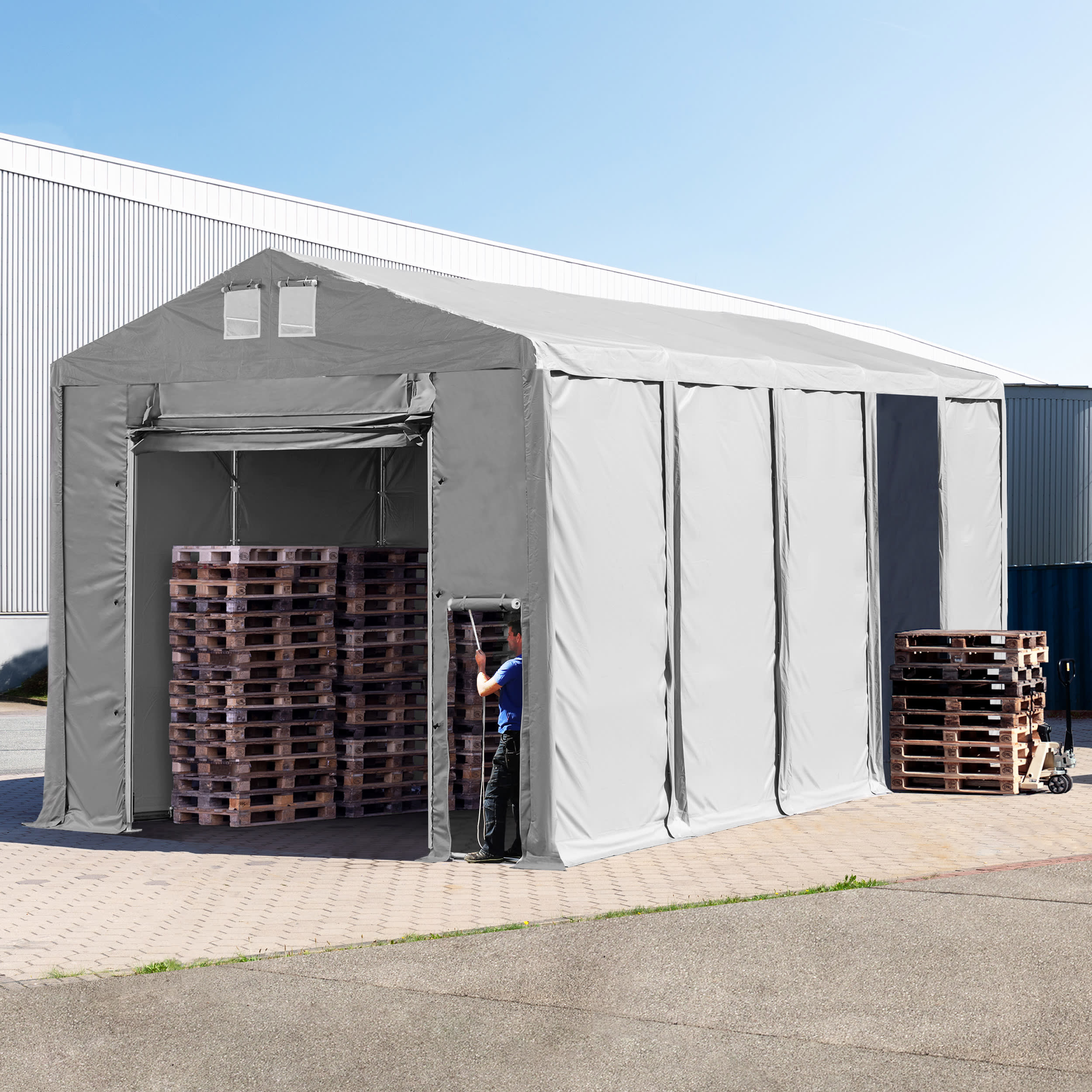 TOOLPORT 5x10m 3.6m Sides Storage Tent / Shelter w. ground frame and pull-up gate, PVC 850, grey with statics package (soft ground anchors) - (93788)