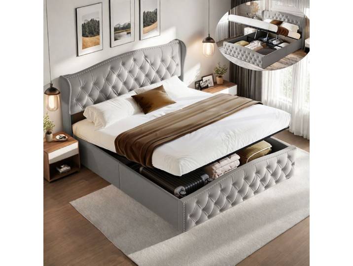 Lit coffre 160x200 cm avec sommier à lattes Lit double 160x200 cm avec décoration de rivets hydraulique tissu en velours Gris