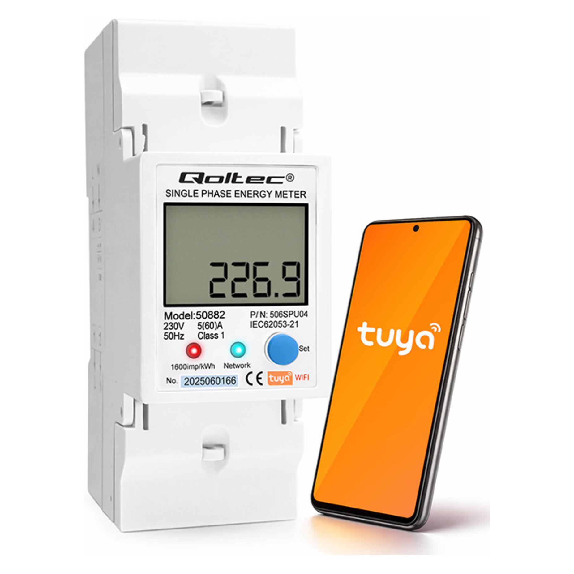 Qoltec 50882 Single phase electronic energy consumption meter for DIN rail | Wi-Fi | TUYA | 230V | L (50882)