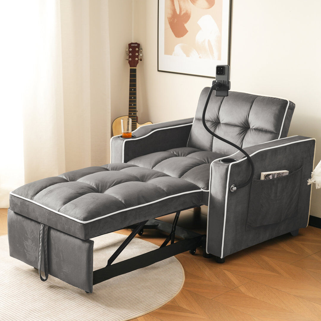 George Oliver 3-in-1 Velvet Accent Chairs Bed With Cup Holders - Space-saving Sleeper Chair For Small Spaces Dark Grey 76cm H X 83cm W X 75cm D