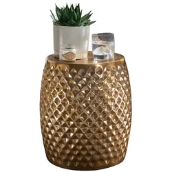 Orientalischer Beistelltisch `Enns`: Hammerschlag-Aluminium, runde Form, kratzfrei. Gold, 32x32x42 cm | Kadima Design