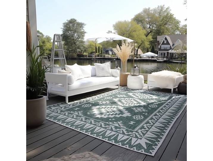 ELLE Decoration In und Outdoor Teppich – Wendeteppich Wetterfest & Wasserfest - Modernes Geometrisches Muster Rauten Muster Outdoorteppich für Garten, Balkon, Terrasse, Wohnzimmer – Grün, 80x150cm