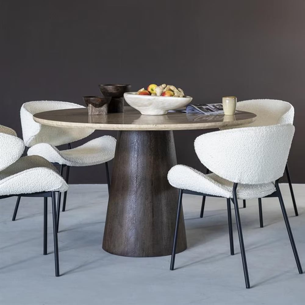Eleonora Ronde Eettafel Aikin Travertin en Mangohout, Beige, Breedte: 130 cm