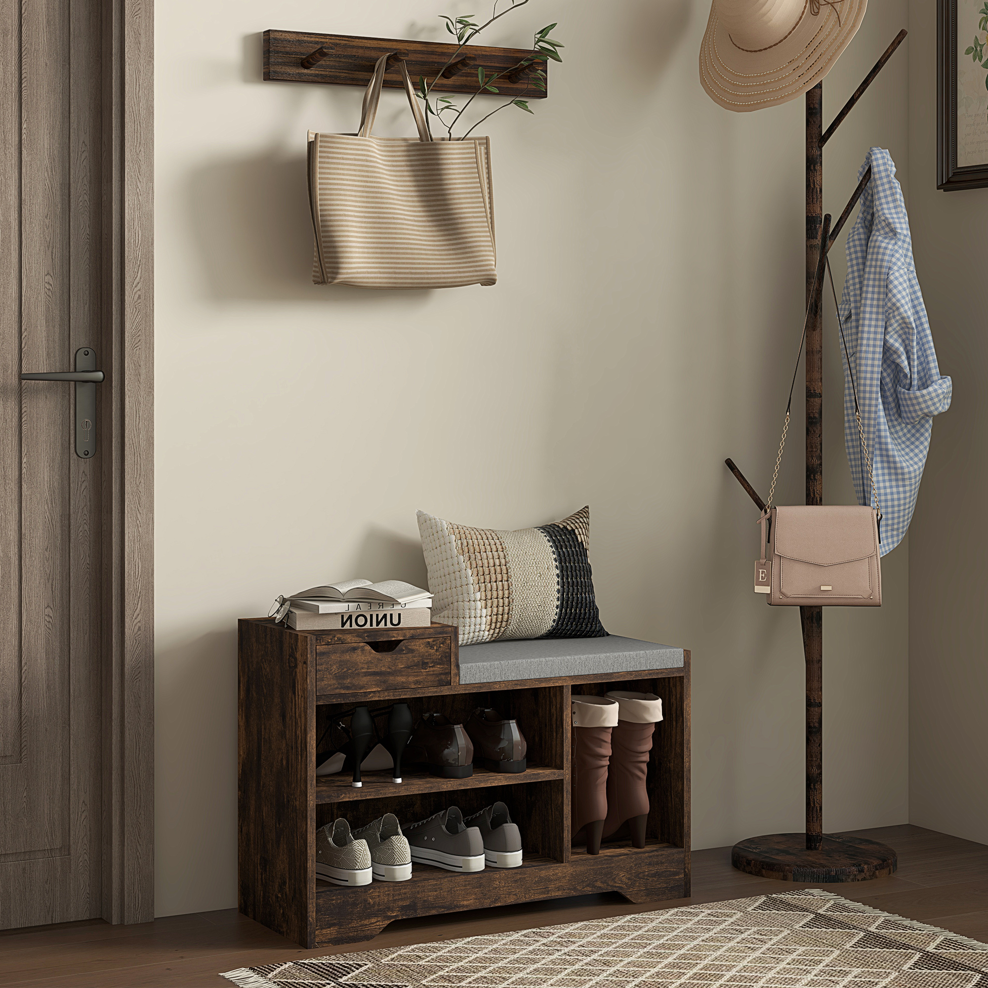 Homcom Panca portascarpe con 1 cassetto e 3 scomparti per 5 paia, 76,5x30x52 cm, marrone   Aosom Italy