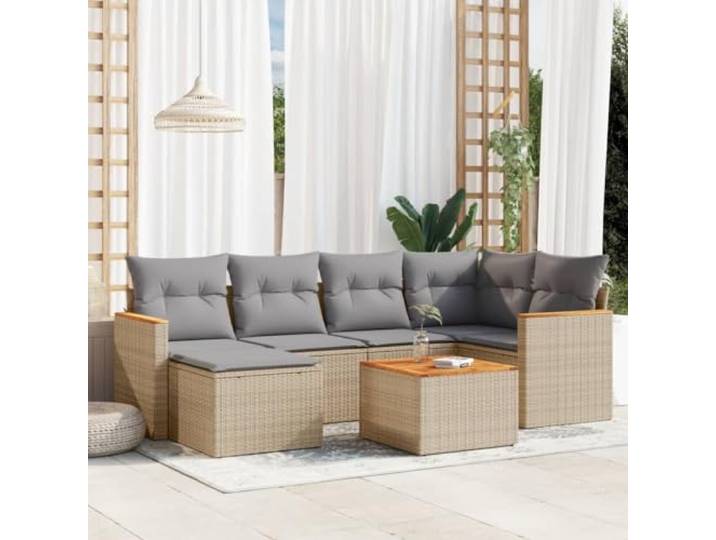 7-tlg. Modularer Gartensitzgarnitur Rattan PE, beige Kissen mit abnehmbaren Bezügen, Tisch Tischplatte Akazienholz , Ablagefach wasserfeste Tasche