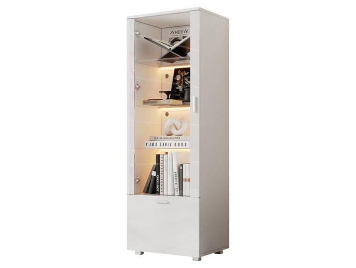 Vitrine-Argentier 50x40x160 Cm Blanc Brillant Portes Acrylique LED 3 Étagères Pour Objets De Collection Parfums Bibliothèque