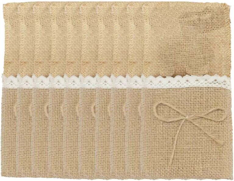 INF 10er-Set Jute Bestecktaschen mit Schleife - Rustikale Tischdeko