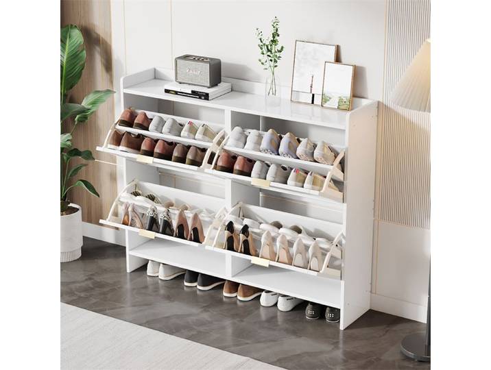 Meuble Chaussure Entree Rangement Chaussure Blanc avec 4 Compartiments Rabattables étagères Structure Indépendante 110×90×24cm