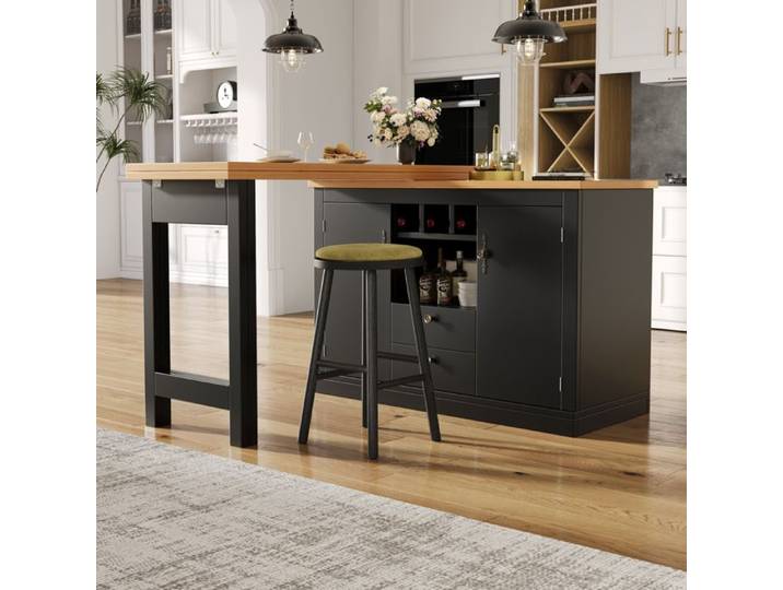 Buffet bas extensible 120-180 cm en MDF noir et naturel avec rangement et tiroirs