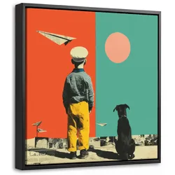 LEINWAND Bilder mit Rahmen - Retro - Junge - Hund - Rot - Grün - 20x20