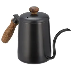Relaxdays Edelstahl Teekanne mit Holzgriff Anthrazit,Braun