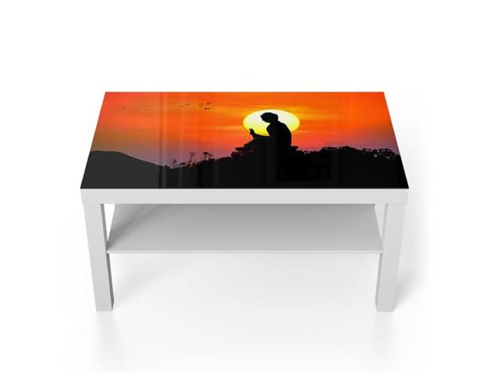 DEQORI Glastisch weiß groß 90x50 cm Motiv Buddha im Sonnenlicht ausgefallener Beistelltisch aus Glas Hochglanz Couchtisch fürs Wohnzimmer moderner Couch Tisch mit Design