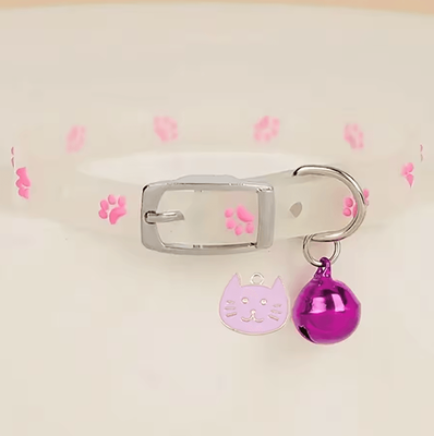 Inspire Curations Glow in the Dark Paw Print Cat Collar With Bell & Safety Buckle pink