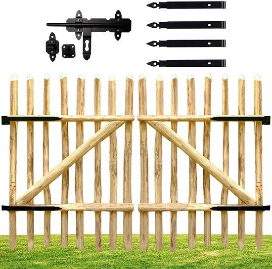 Famanu Doppelte Holz-Gartenpforte Haselnuss 200 cm Breite Rustikale Ausführung - Inklusive Scharnieren