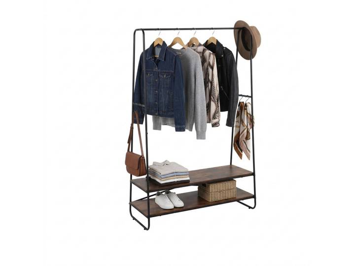 Relaxdays Kleiderständer Schwarz Braun 2 Ablagen, Mehrfarbig, Metall, 100x160x45 cm, Garderobe, Garderobenständer