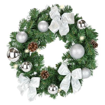 Kunstkranz I.GE.A. "LED-Weihnachtskranz dekoriert", grün (silber), B:45cm H:10cm L:45cm, Kunststoff, Kunstpflanzen, Kranz mit Kugeln Schleifen Beleuchtung Tannenkranz