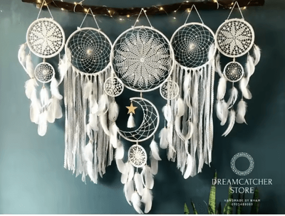Inspire Picks Boho Macrame Dream Catcher Set 5 Piece Moon Wall Hanging Decor For Home & Nursery white