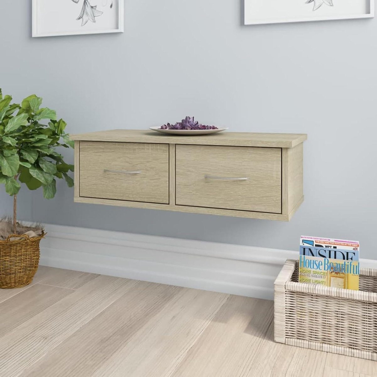 Zwevend wandrek met twee lades in Sonoma eiken, Breedte: 60 cm