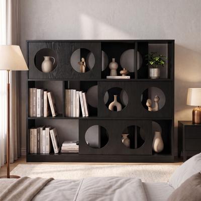 Garvee Modern Bookcase with Sliding Doors, Open Storage Cubes & Geometric Circle Cutout Design, for Home Office
