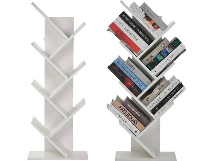 Bibliothèque à 5 niveaux en forme d'arbre-tour de bibliothèque en bois-Bibliothèque avec séparateurs-Meuble de rangement-Blanc