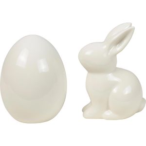 Heitmann-Deco Osterdeko 1020140, weiß, Osterei und Osterhase aus Keramik, je 12,5 cm hoch, 2 Stück