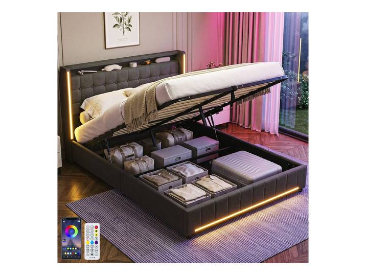 oyajia Polsterbett Stauraumbett mit LED Licht 140x200cm,Hydraulisch anhebbarer Doppelbett (Mit Lattenrost, Leinenmaterial Polsterbettt, RGB Beleuchtung), Modernes Jugendbett, Leises Design, Einfach zu montieren und stabil