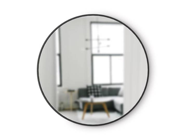 Umbra Hub Runder Wandspiegel mit Gummirahmen, 94 cm, Schwarz Spiegelglas, reflektiert Licht, einfache Metallaufhängung, für Bad und Wohnzimmer, robustes Design
