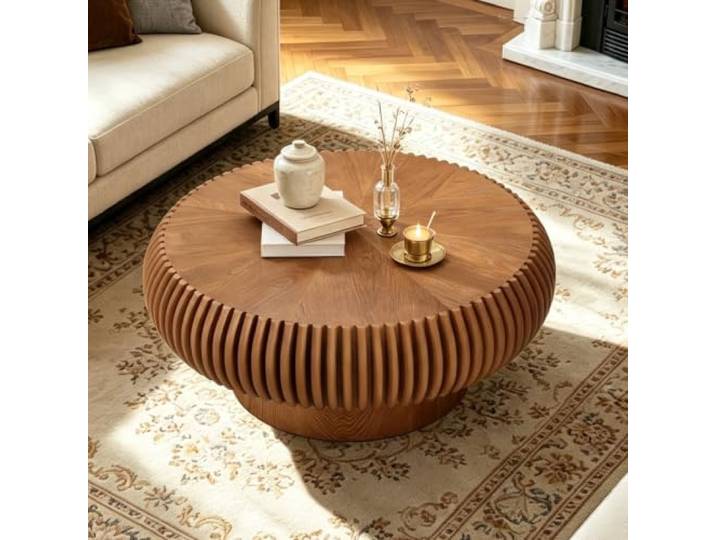 LOVEHOUGES Runder Trommel-Couchtisch, Moderner Geriffelter Mitteltisch mit Einzigartiger Rippentextur, Zeitgenössischer Runder Teetisch aus Holz für Wohnzimmer,Natural,80cm（31.5in）