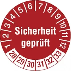 Dreifke® Aufkleber | Prüfetikett Sicherheit geprüft ab 28 rot/weiß - 30 mm Folie selbstklebend, 10 St