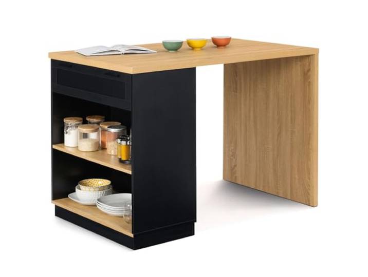 IDMarket - Ilot central mange-debout 4 personnes VITO 130 cm noir et plateau bois