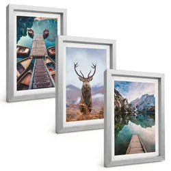 BILDER SET 3er Set - 20x30 cm Silberner Rahmen - Seeboote Hirsche Berge