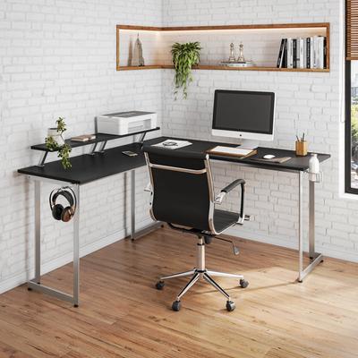 Techni Sport L-Shaped Gaming Desk with Dual Monitor Stands, Carbon Fiber Surface with Retractable Cup Holder, Black