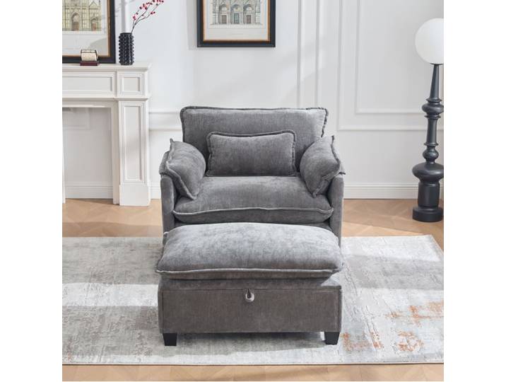 Fauteuil confortable XL + repose-pieds chenille grise assise large poches latérales pour salon chambre