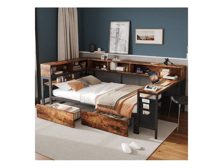 TavilaEcon Metallbett Einzelbett mit 2 Schubladen, Ablagefächern & Ladeanschluss (1-tlg), mit Seitentisch und Stofftaschen, 120×200 cm, schwarz+natur
