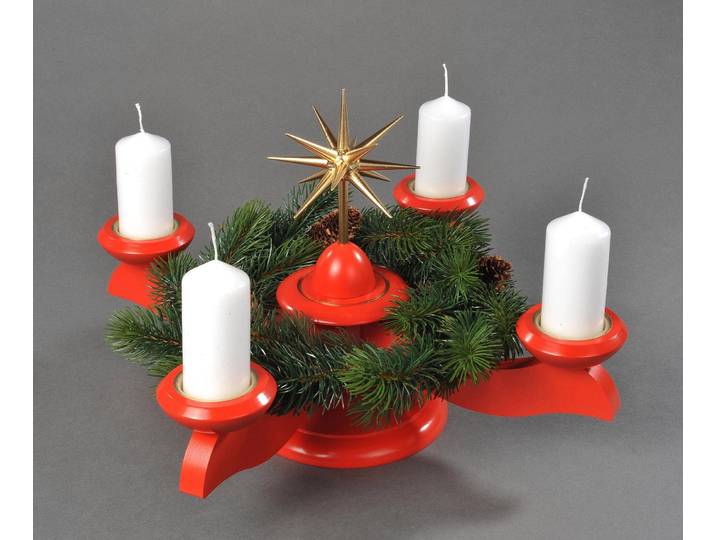 Adventsleuchter ALBIN PREISSLER mit Weihnachtsstern und Tannenkranz, Handwerkskunst aus dem Erzgebirge , rot (rot, goldfarben), B:29cm H:26cm T:29cm, Massivholz, Kerzenhalter, Adventsleuchter, Ø 29 cm, Weihnachtsdeko aus Buchenholz