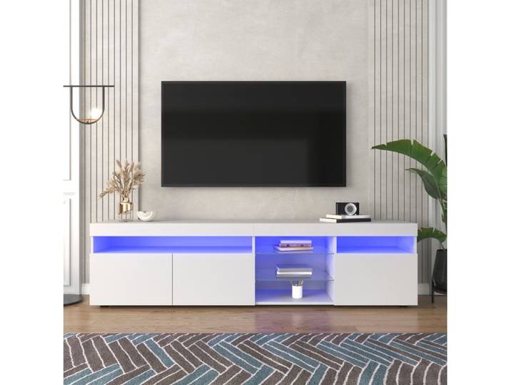 Meuble TV - VIVRYN - LED variable - Façade brillante - MDF - Blanc - 180 x 35 x 48 cm