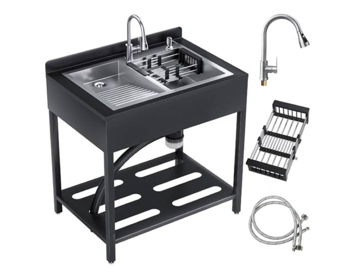 Freistehendes Edelstahl-Spülbecken, freistehendes gewerbliches Einbeckenspülbecken mit ausziehbarer Kalt- und Warmwasserarmatur, Sink Handwaschspüle für Küche (Silber sein, XL- 82.1 x 56C x 91.5CM)