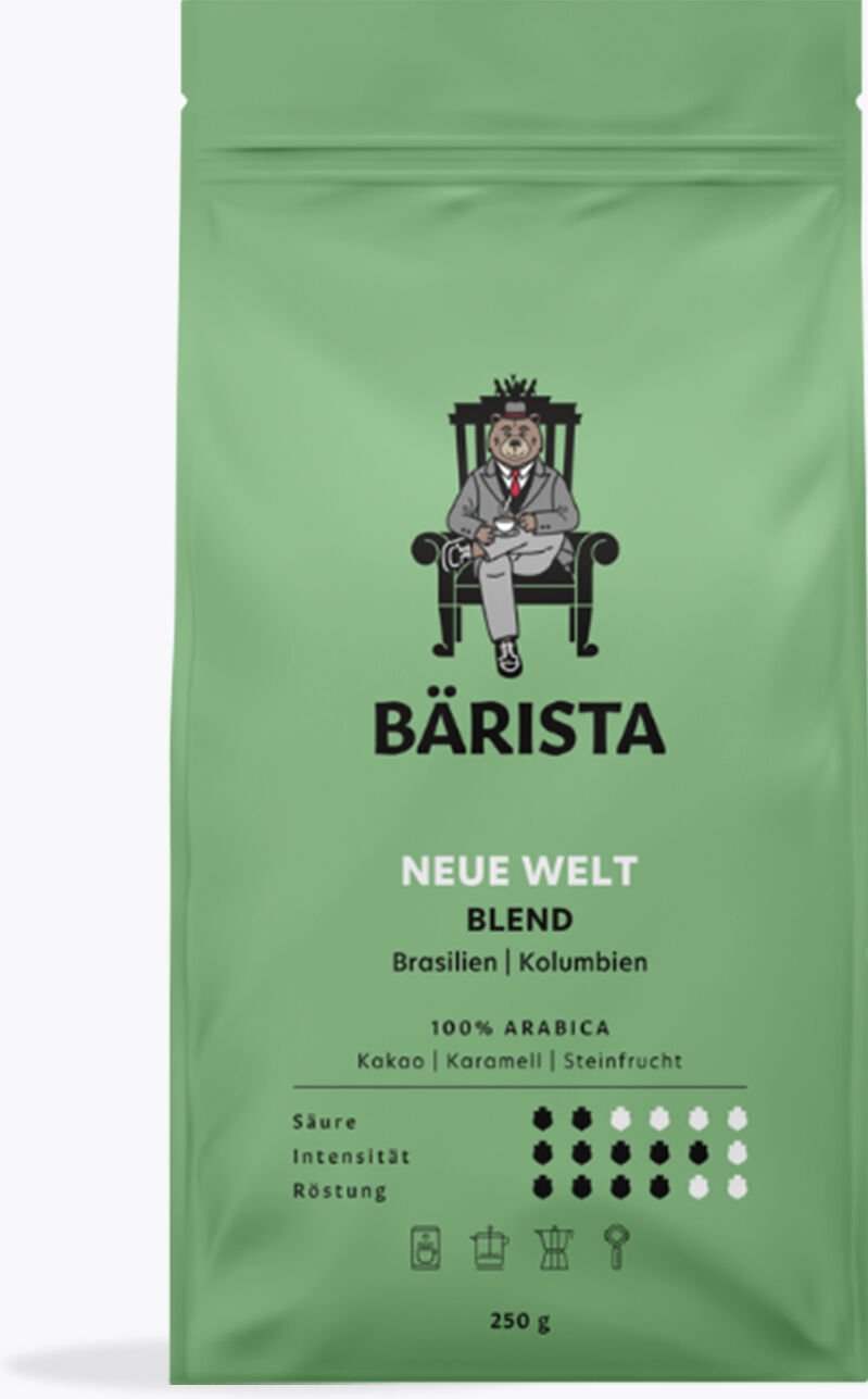 Bärista Neue Welt Espresso & Kaffee 250 g   Ganze Bohne   Brasilien, Kolumbien   Kräftiger Arabicablend mit Noten von Kakao, Karamell & Steinobst