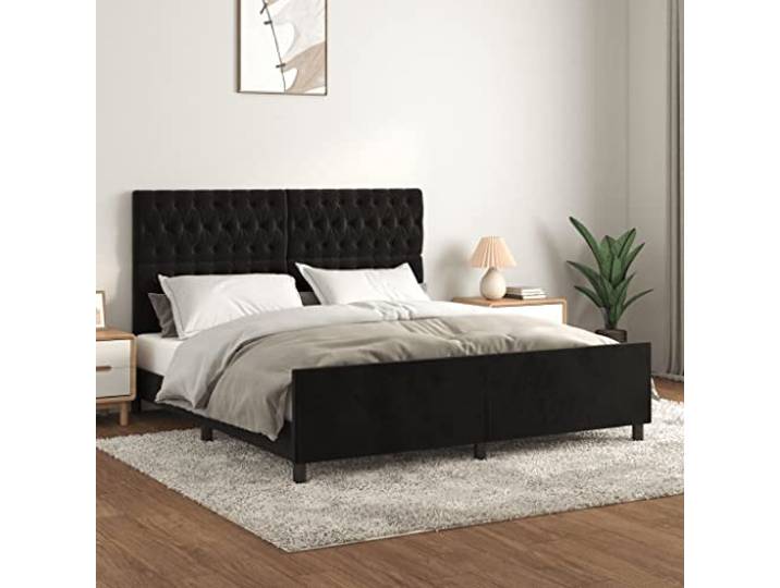 Samt Höhenverstellbar Bettkopfteil Stabil Stützbeine 180x200 cm Schwarz Bettgestell mit Kopfteil Samt Schwarz 180x200 cm verstellbar Luxus Doppelbett mit Lattenrost stabil