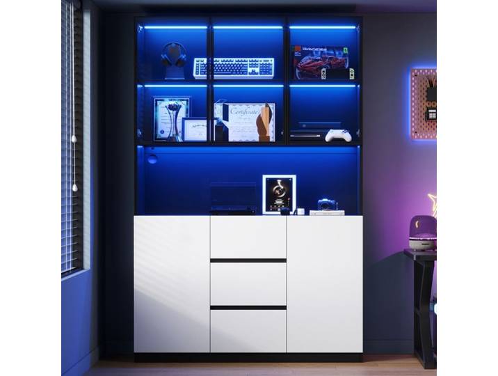 Meuble Vitrine Salon Moderne Vitrine en Verre LED Vitrine pour Collection avec étagères Ouvertes 3 Tiroirs 2 Portes 120×40×200cm