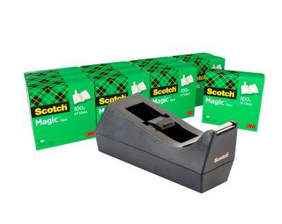 Scotch™ Schreibtisch-Klebebandabroller C38 , Schwarz + Scotch® Magic™ Unsichtbares Klebeband, 19 mm x 33 m, inkl. 12 Rollen