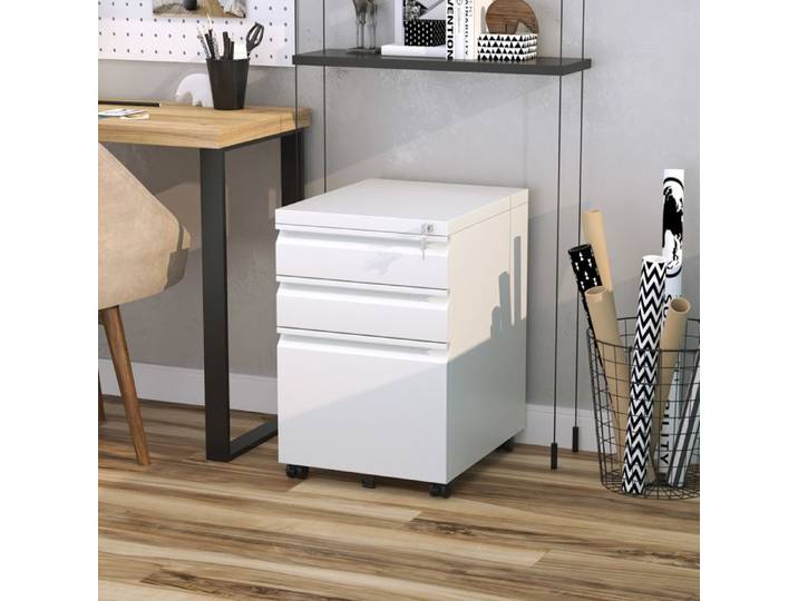 Caisson de classement - 3 tiroirs - Verrouillable - Acier blanc - Roulettes (39×48×60 cm)