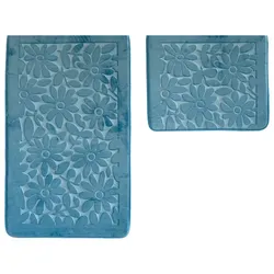 Almina Premium 2 teiliges Bademattenset mit Blumenmotiv Blau