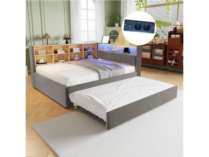 Canapé-lit multifonction en flanelle gris foncé avec lit gigogne LED et prises