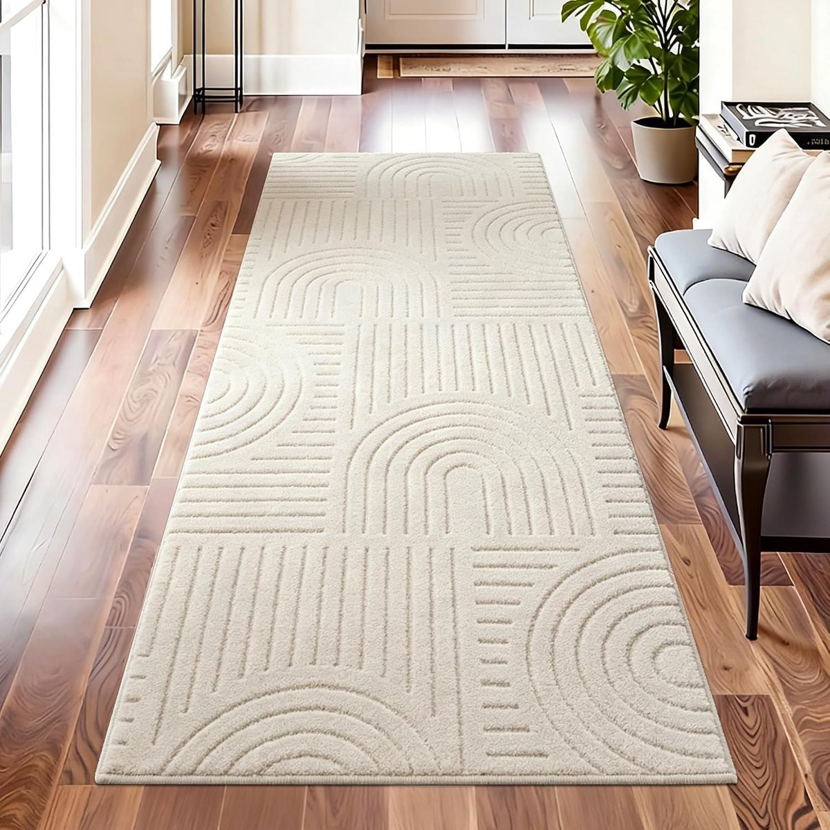 SnelShoppen Hallway Runner Vloerkleed - Beige - Geometrisch Design - Non-slip Soft Plush - B/D: 80 x 200 cm