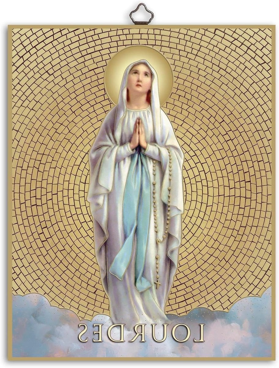 Heilige Afbeelding Madonna - Religieus Houtkunst met Goudfolie Mozaïek - Wanddecoratie - 18 x 24 cm