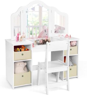 Costway Kids Vanity Table and Chair Set with Removable Mirrors and 4 Storage Bins-White